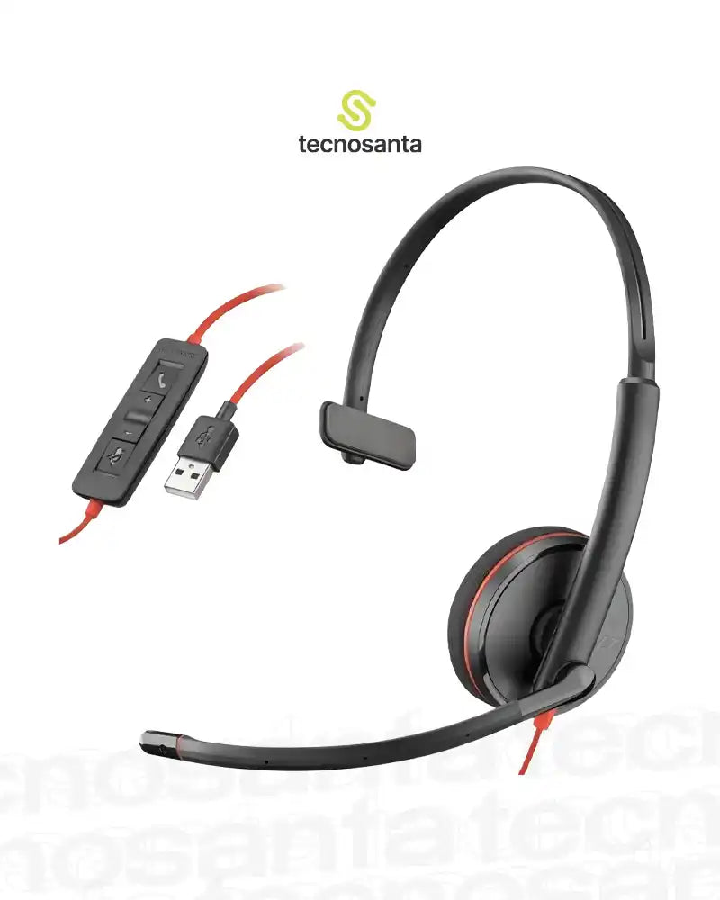 DIADEMA POLY BLACKWIRE 3210 MONOAURAL - USB C - CON MICROFONO - PERMITE CONTROLAR EL VOLUMEN - 8X214A6