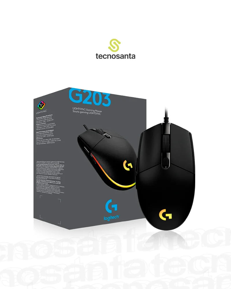 MOUSE GAMING LOGITECH G203 LIGHTSYNC- NEGRO - USB -ALAMBRICO - RGB - 6 BOTONES PROGRAMABLES - RESOL. 200 / 8000 DPI - RESPUESTA 1000HZ (1MS)